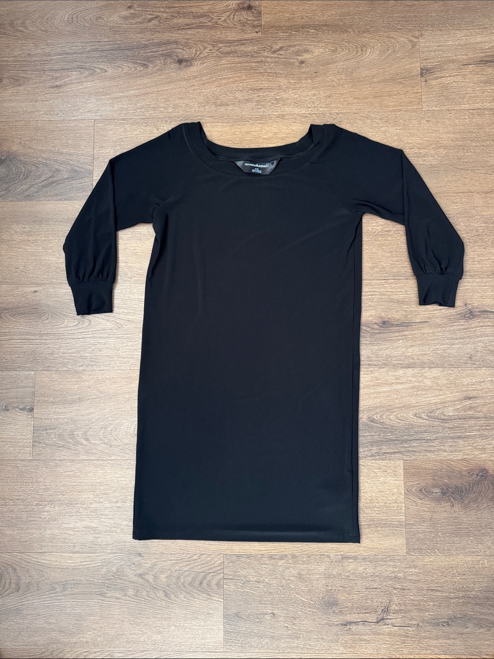 Norma Kamali Black Scoop Neck Midi Dress with 3/4 Puff Sleeves